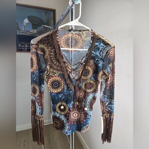 NWT Rinascimento X-generation Bohemian Patterned Lace-Up Top with Fringe